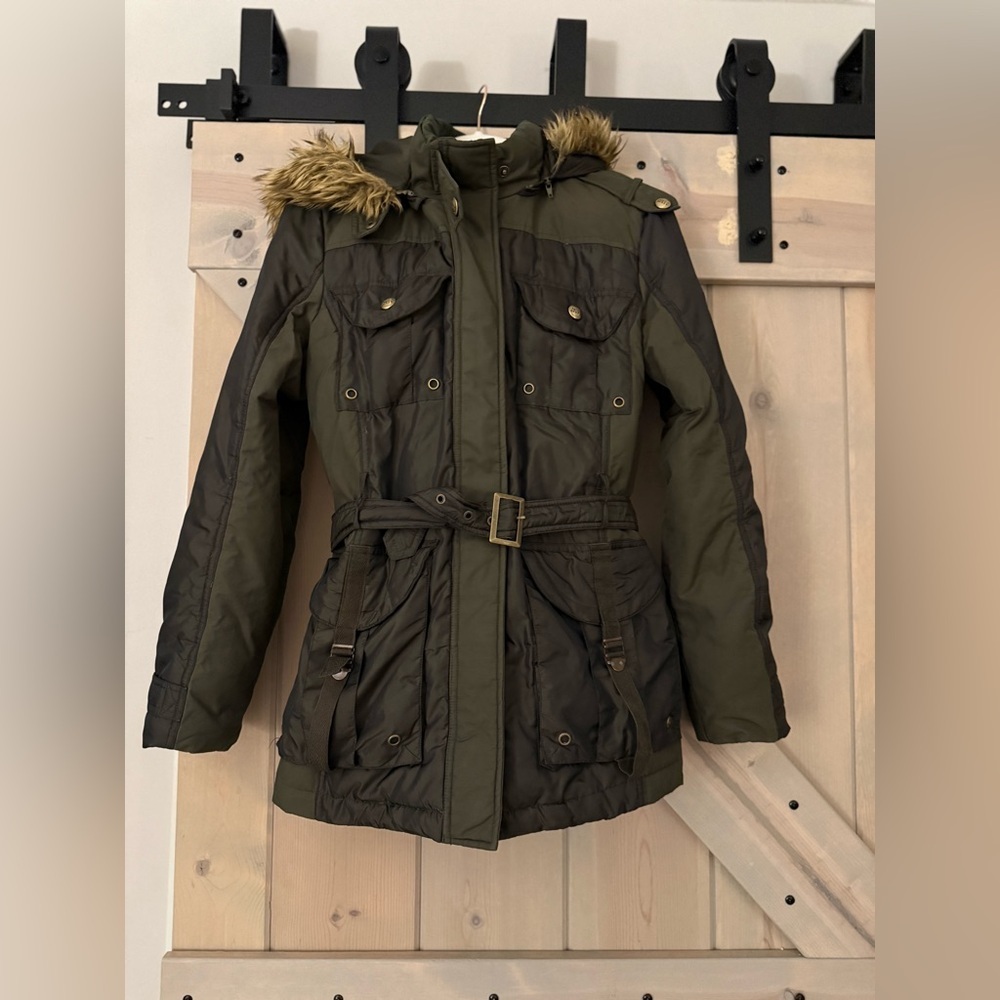Miss Sixty Y2K Women’s Olive Green Belted Parka Coat with Faux Fur Hood Size L